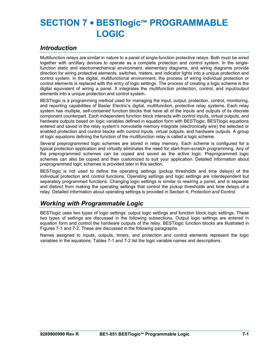 Introduction, Working with programmable logic, Section 7 • bestlogic programmable logic -1 | Introduction -1, Working with programmable logic -1 | Basler Electric BE1-851 User Manual | Page 141 / 364