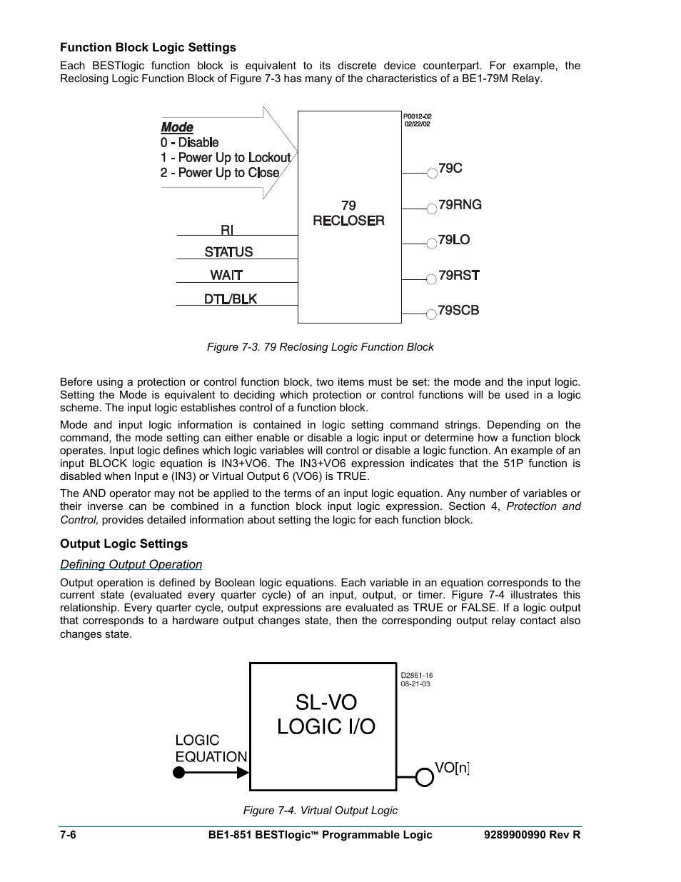 Function block logic settings, Output logic settings, Defining output operation | Function block logic settings -6, Output logic settings -6, Figure 7-3. 79 reclosing logic function block -6, Figure 7-4. virtual output logic -6 | Basler Electric BE1-851 User Manual | Page 146 / 364
