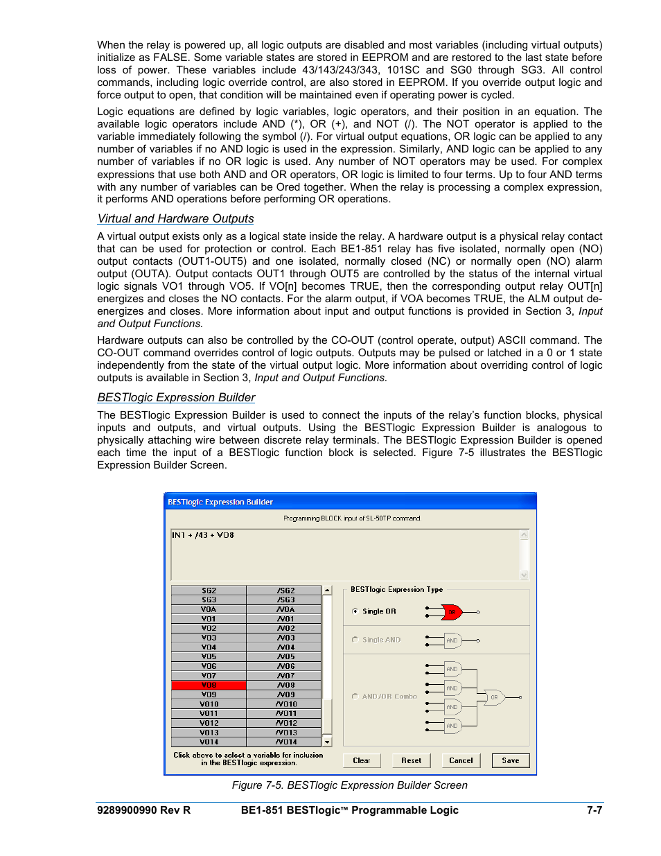 Virtual and hardware outputs, Bestlogic expression builder, Figure 7-5. bestlogic expression builder screen -7 | Basler Electric BE1-851 User Manual | Page 147 / 364