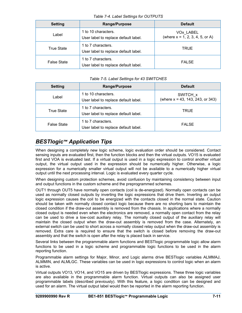 Bestlogic™ application tips, Bestlogic application tips -11, Table 7-4. label settings for outputs -11 | Table 7-5. label settings for 43 switches -11 | Basler Electric BE1-851 User Manual | Page 151 / 364