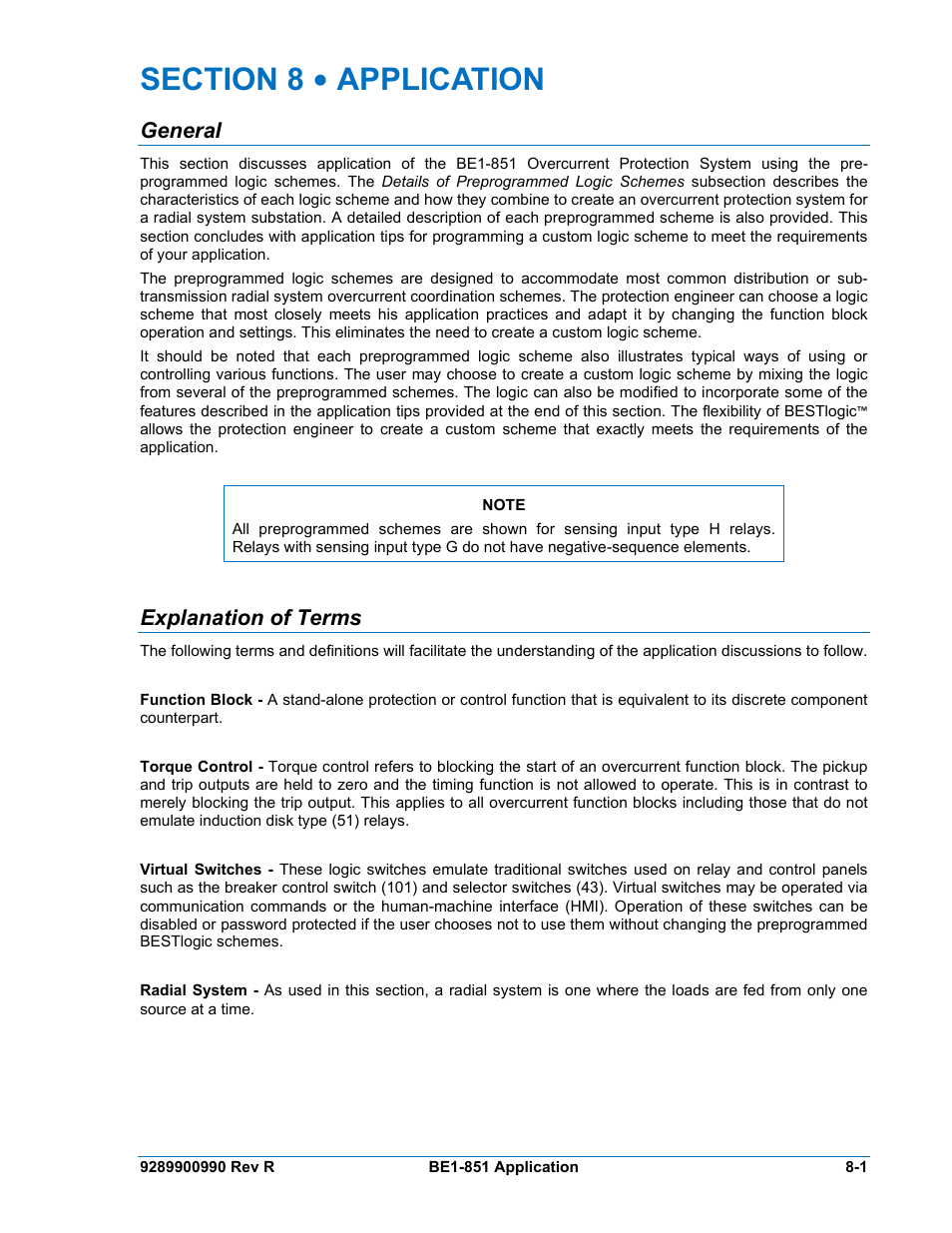 General, Explanation of terms, Section 8 • application -1 | General -1, Explanation of terms -1 | Basler Electric BE1-851 User Manual | Page 157 / 364