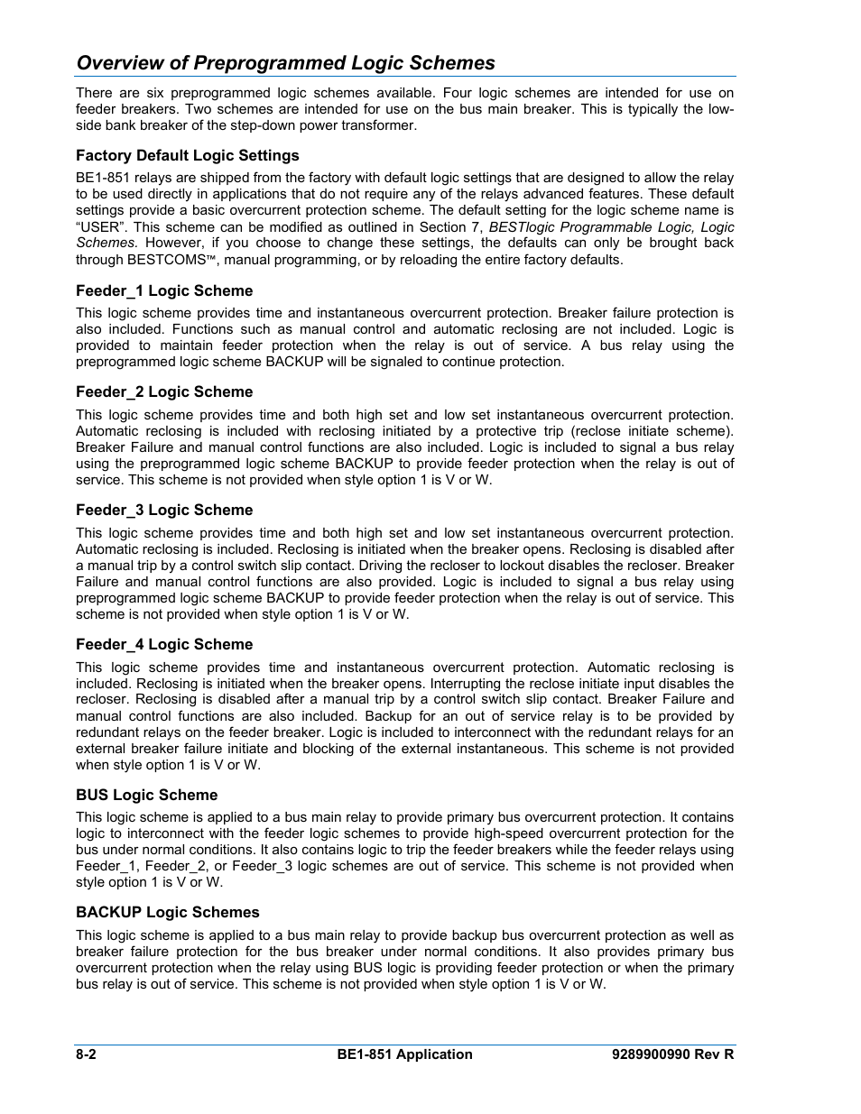 Overview of preprogrammed logic schemes, Factory default logic settings, Feeder_1 logic scheme | Feeder_2 logic scheme, Feeder_3 logic scheme, Feeder_4 logic scheme, Bus logic scheme, Backup logic schemes, Overview of preprogrammed logic schemes -2, Factory default logic settings -2 | Basler Electric BE1-851 User Manual | Page 158 / 364