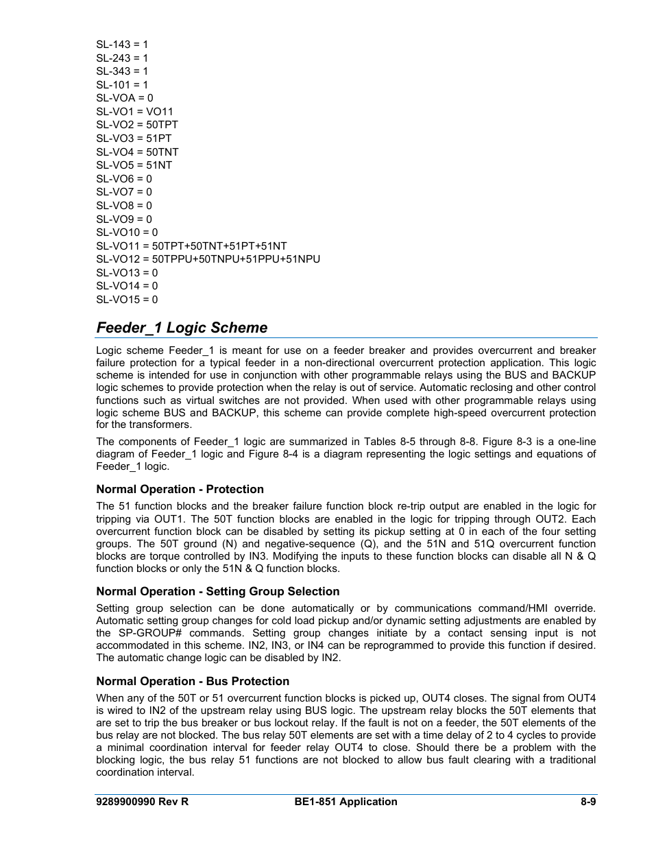 Feeder_1 logic scheme, Normal operation - protection, Normal operation - setting group selection | Normal operation - bus protection, Feeder_1 logic scheme -9, Normal operation - protection -9, Normal operation - setting group selection -9, Normal operation - bus protection -9 | Basler Electric BE1-851 User Manual | Page 165 / 364