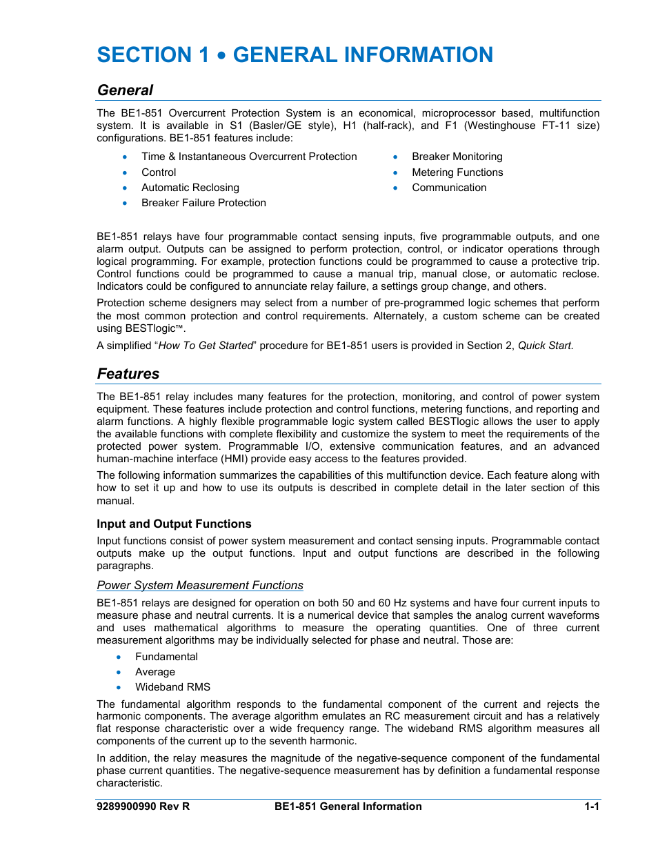 General, Features, Input and output functions | Power system measurement functions, Section 1 • general information -1, General -1, Features -1, Input and output functions -1 | Basler Electric BE1-851 User Manual | Page 17 / 364