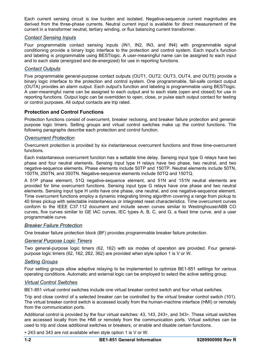 Contact sensing inputs, Contact outputs, Protection and control functions | Overcurrent protection, Breaker failure protection, General purpose logic timers, Setting groups, Virtual control switches, Protection and control functions -2 | Basler Electric BE1-851 User Manual | Page 18 / 364