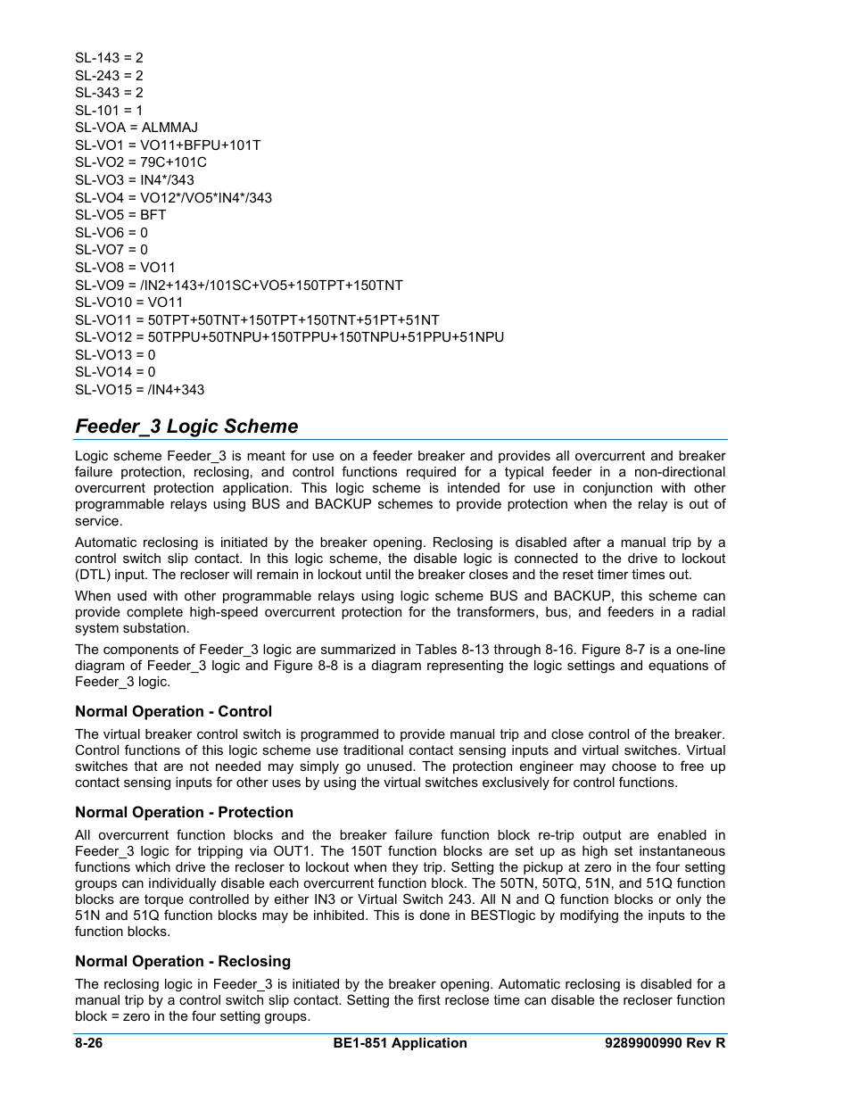 Feeder_3 logic scheme, Normal operation - control, Normal operation - protection | Normal operation - reclosing, Feeder_3 logic scheme -26, Normal operation - control -26, Normal operation - protection -26, Normal operation - reclosing -26 | Basler Electric BE1-851 User Manual | Page 182 / 364