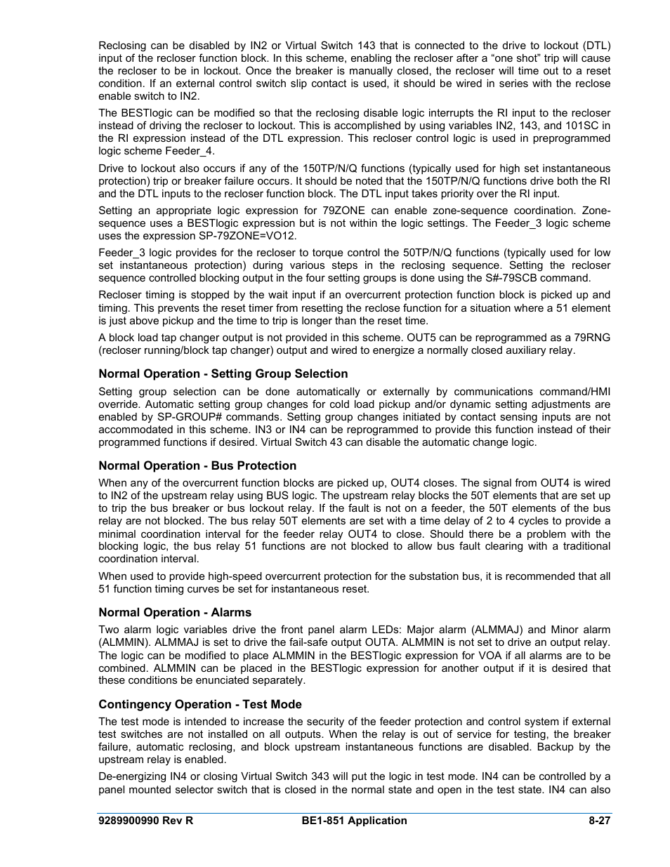 Normal operation - setting group selection, Normal operation - bus protection, Normal operation - alarms | Contingency operation - test mode, Normal operation - setting group selection -27, Normal operation - bus protection -27, Normal operation - alarms -27, Contingency operation - test mode -27 | Basler Electric BE1-851 User Manual | Page 183 / 364