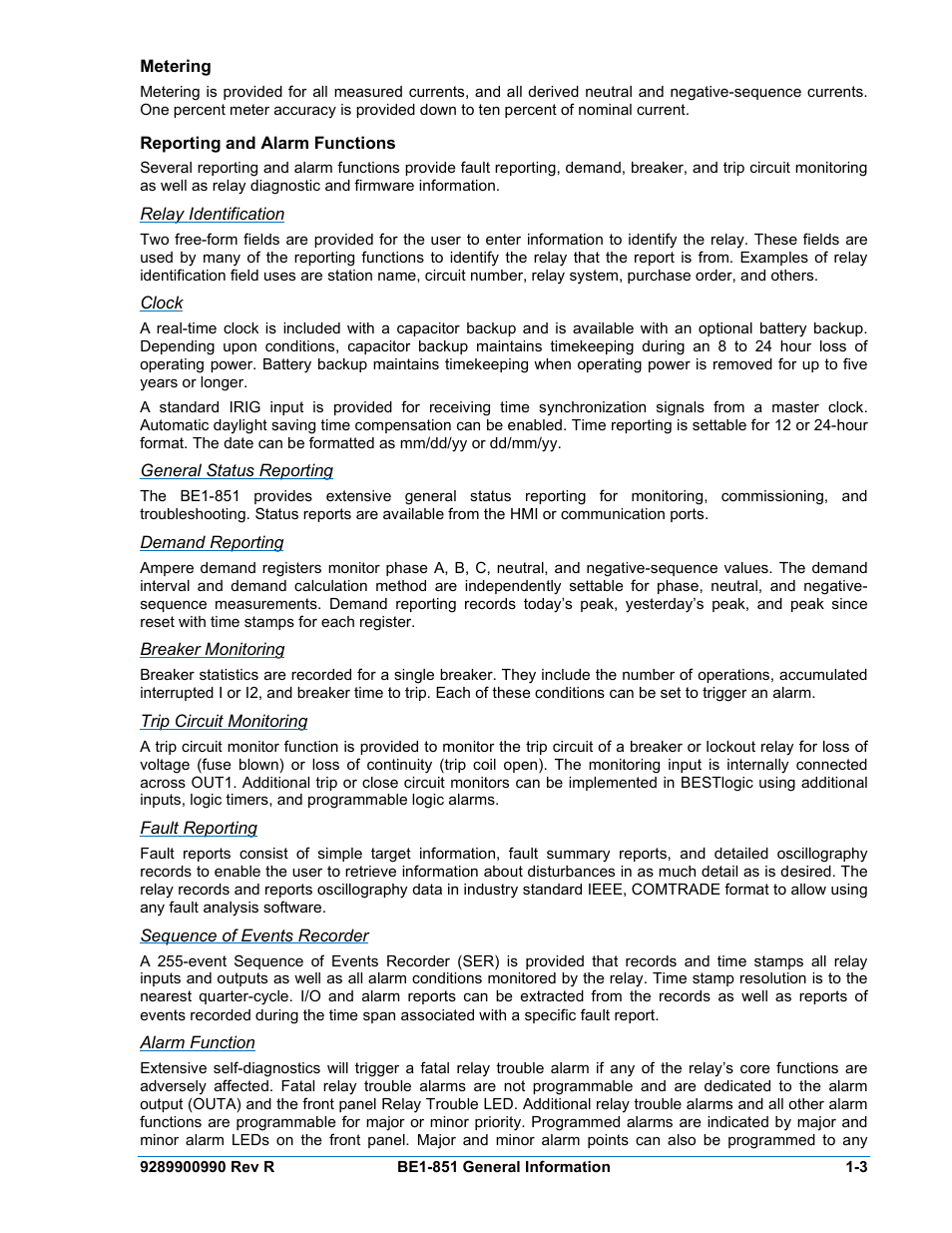 Metering, Reporting and alarm functions, Relay identification | Clock, General status reporting, Demand reporting, Breaker monitoring, Trip circuit monitoring, Fault reporting, Sequence of events recorder | Basler Electric BE1-851 User Manual | Page 19 / 364