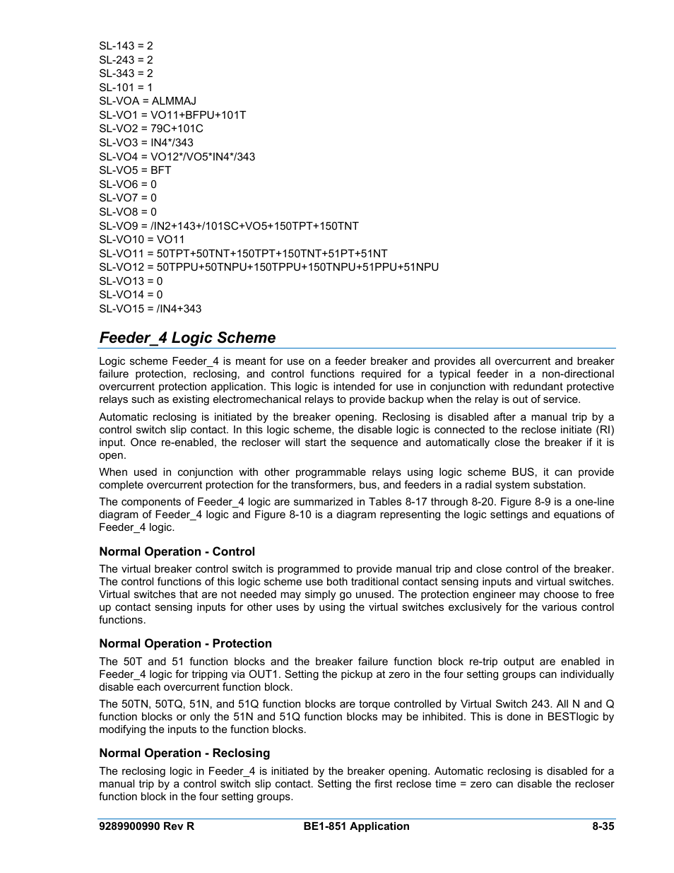 Feeder_4 logic scheme, Normal operation - control, Normal operation - protection | Normal operation - reclosing, Feeder_4 logic scheme -35, Normal operation - control -35, Normal operation - protection -35, Normal operation - reclosing -35 | Basler Electric BE1-851 User Manual | Page 191 / 364