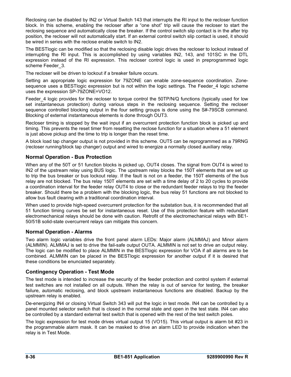 Normal operation - bus protection, Normal operation - alarms, Contingency operation - test mode | Normal operation - bus protection -36, Normal operation - alarms -36, Contingency operation - test mode -36 | Basler Electric BE1-851 User Manual | Page 192 / 364