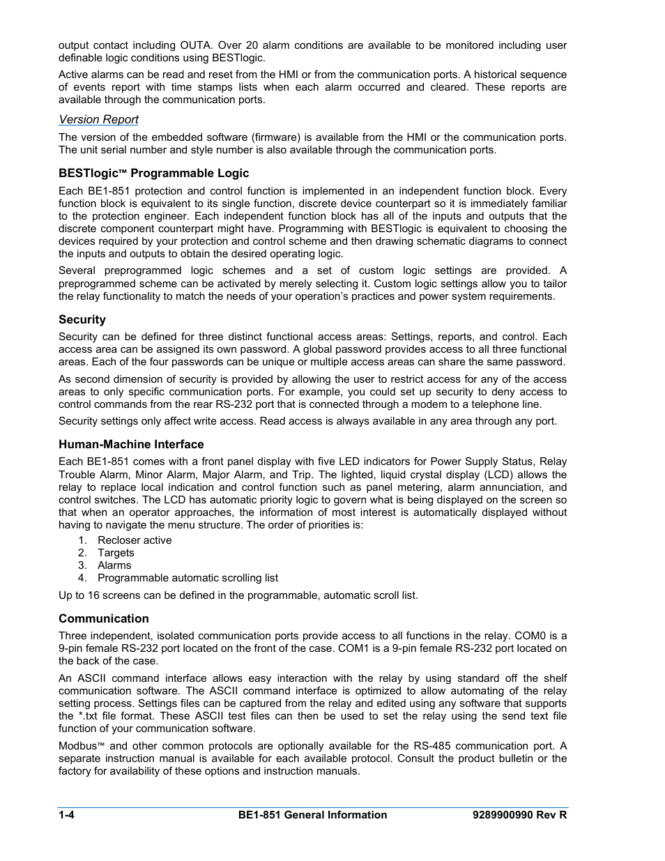 Version report, Bestlogic™ programmable logic, Security | Human-machine interface, Communication, Bestlogic programmable logic -4, Security -4, Human-machine interface -4, Communication -4 | Basler Electric BE1-851 User Manual | Page 20 / 364