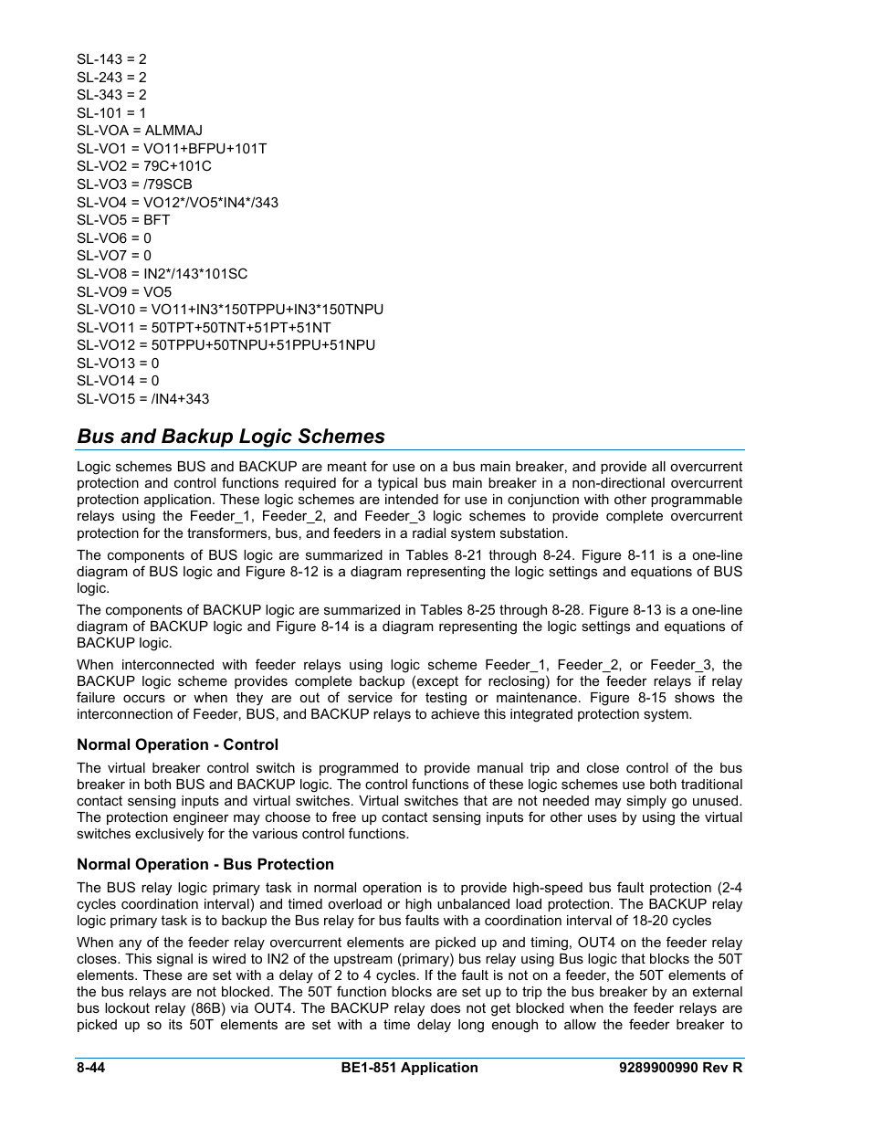 Bus and backup logic schemes, Normal operation - control, Normal operation - bus protection | Bus and backup logic schemes -44, Normal operation - control -44, Normal operation - bus protection -44 | Basler Electric BE1-851 User Manual | Page 200 / 364