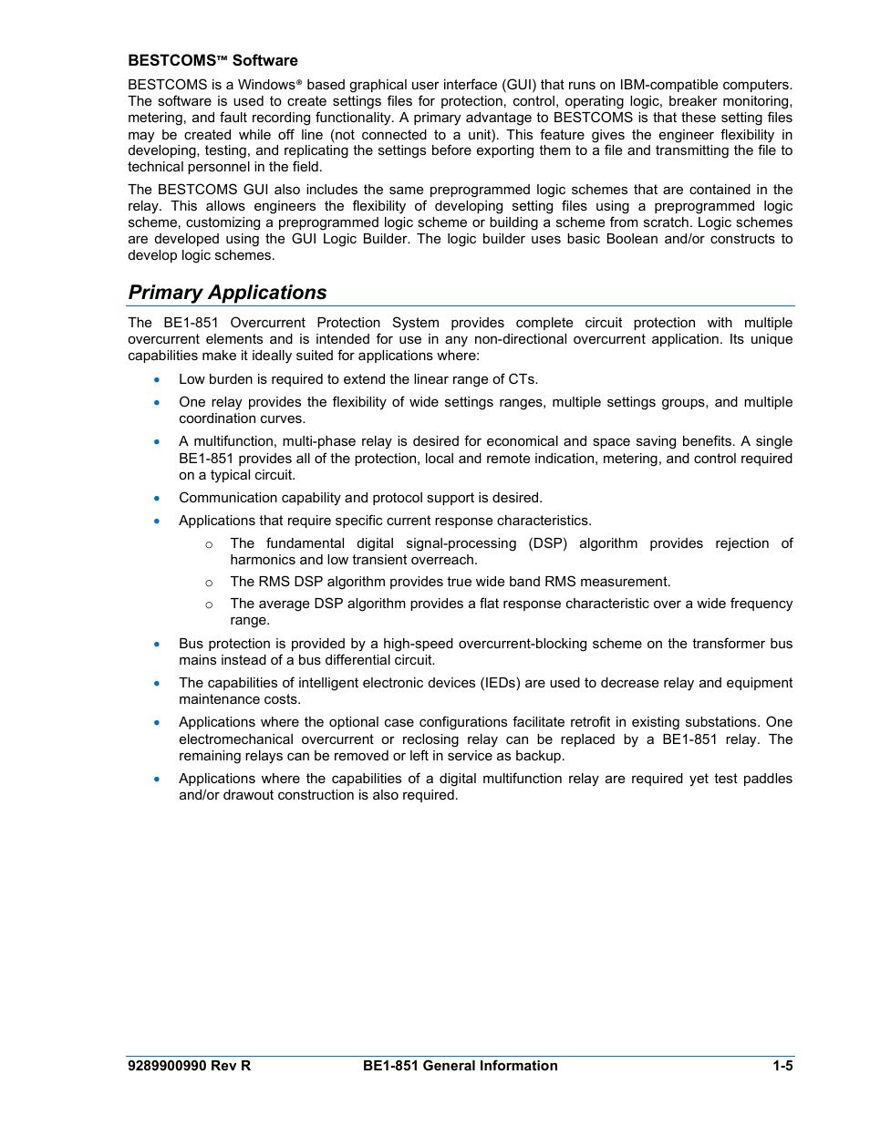 Bestcoms™ software, Primary applications, Bestcoms™ software -5 | Primary applications -5 | Basler Electric BE1-851 User Manual | Page 21 / 364