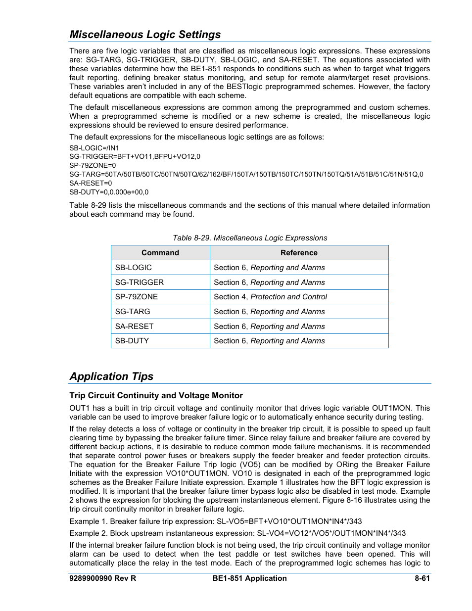 Miscellaneous logic settings, Application tips, Trip circuit continuity and voltage monitor | Miscellaneous logic settings -61, Application tips -61, Trip circuit continuity and voltage monitor -61, Table 8-29. miscellaneous logic expressions -61 | Basler Electric BE1-851 User Manual | Page 217 / 364