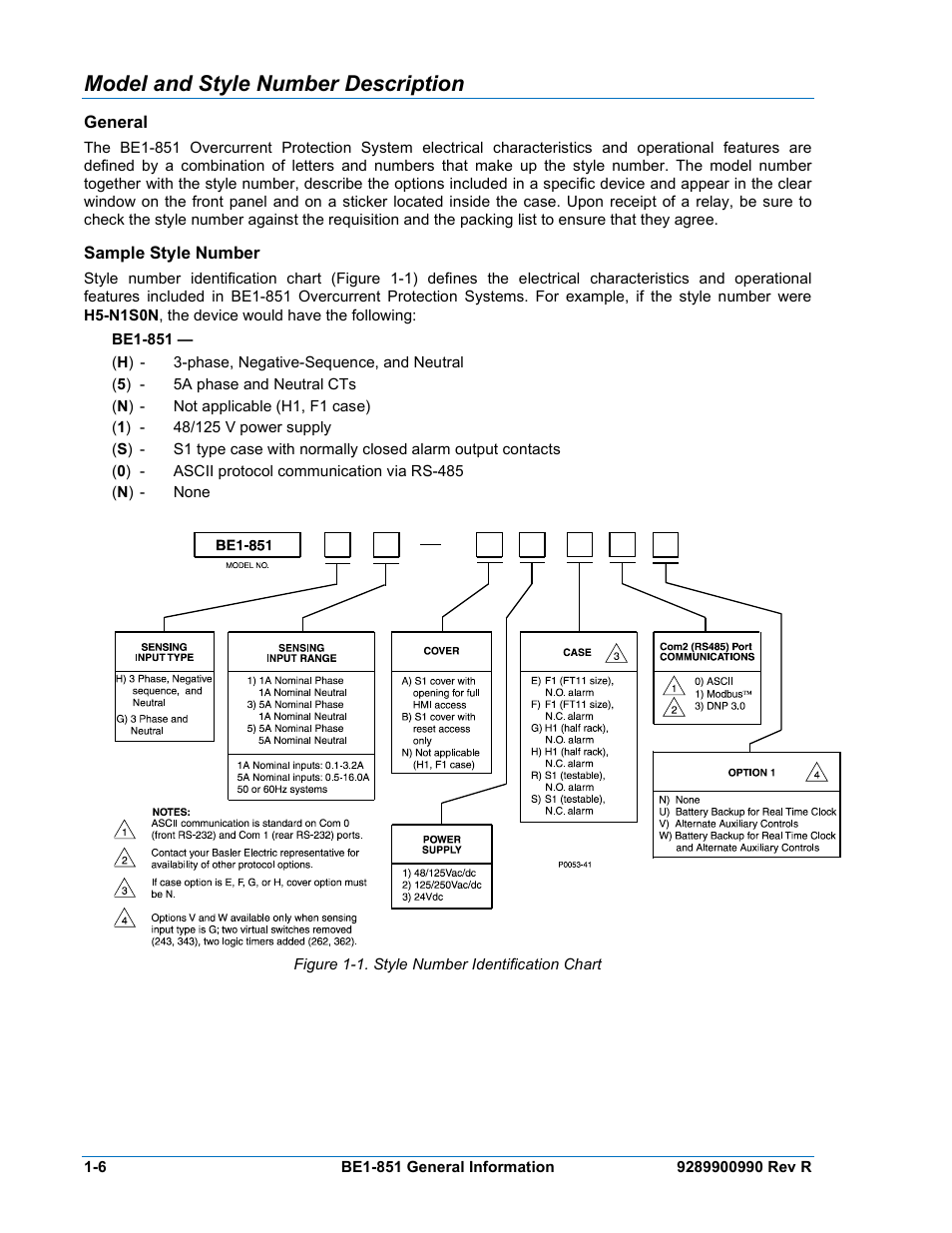 Model and style number description, General, Sample style number | Model and style number description -6, General -6, Sample style number -6, Figure 1-1. style number identification chart -6 | Basler Electric BE1-851 User Manual | Page 22 / 364