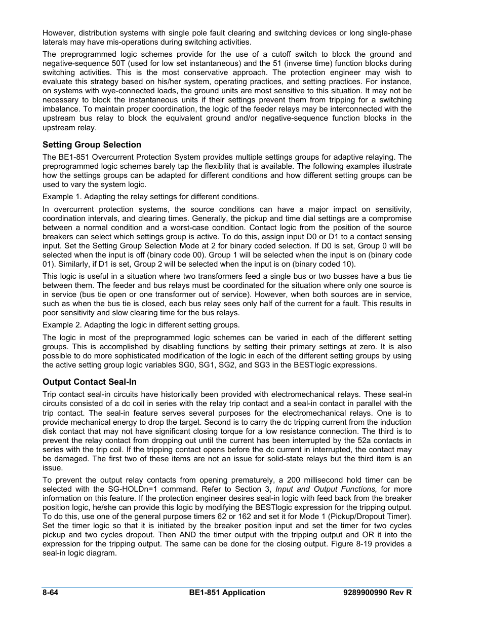 Setting group selection, Output contact seal-in, Setting group selection -64 | Output contact seal-in -64 | Basler Electric BE1-851 User Manual | Page 220 / 364