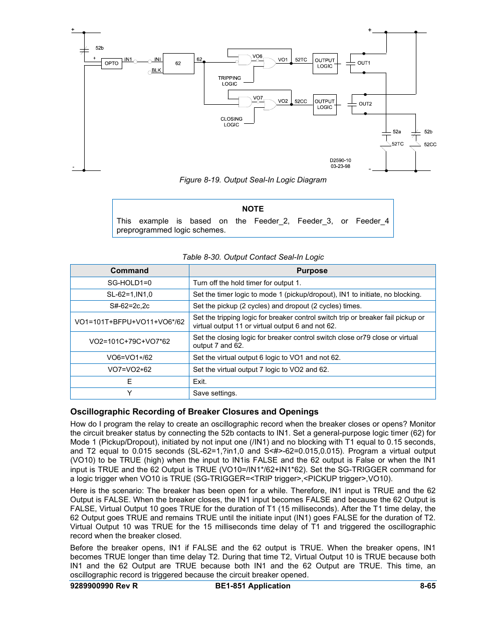 Figure 8-19. output seal-in logic diagram -65, Table 8-30. output contact seal-in logic -65 | Basler Electric BE1-851 User Manual | Page 221 / 364