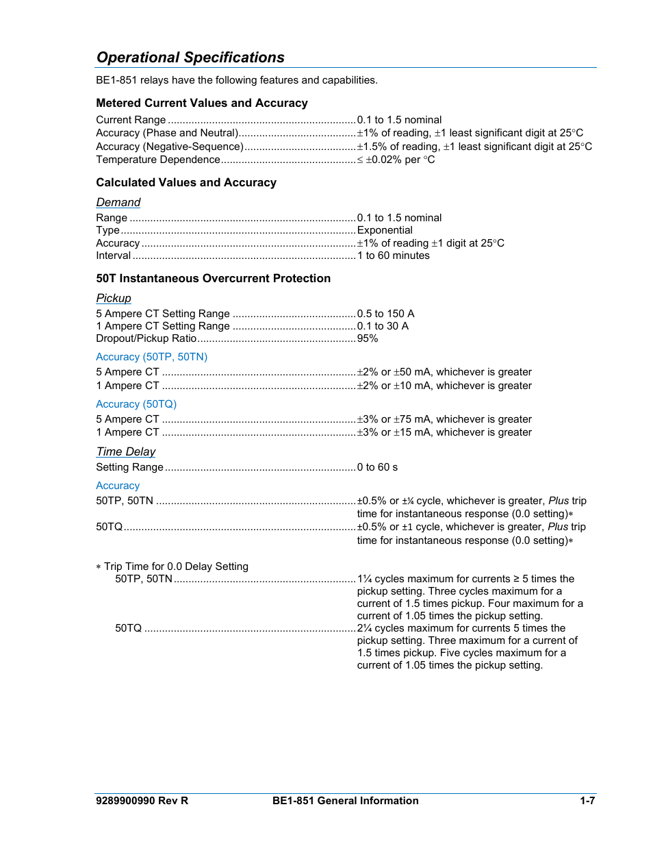 Operational specifications, Metered current values and accuracy, Calculated values and accuracy | Demand, 50t instantaneous overcurrent protection, Pickup, Accuracy (50tp, 50tn), Accuracy (50tq), Time delay, Accuracy | Basler Electric BE1-851 User Manual | Page 23 / 364