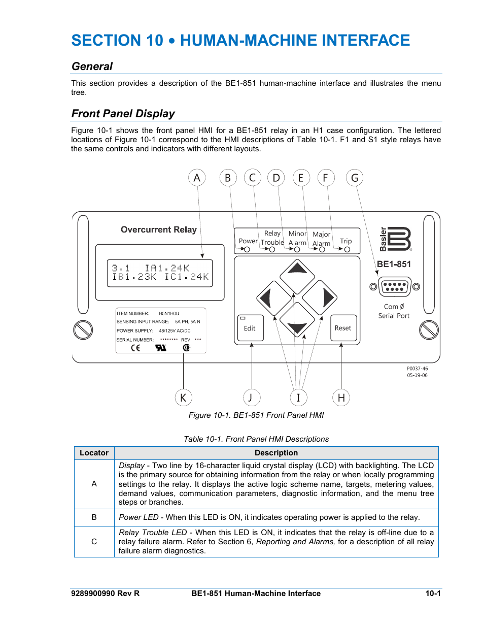 General, Front panel display, Section 10 • human-machine interface -1 | General -1, Front panel display -1, Figure 10-1. be1-851 front panel hmi -1, Table 10-1. front panel hmi descriptions -1 | Basler Electric BE1-851 User Manual | Page 231 / 364