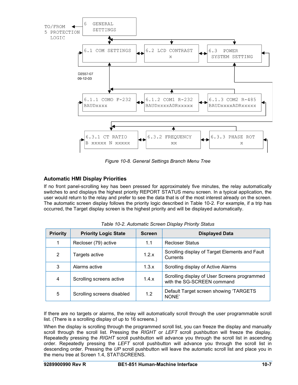 Automatic hmi display priorities, Automatic hmi display priorities -7, Figure 10-8. general settings branch menu tree -7 | Basler Electric BE1-851 User Manual | Page 237 / 364