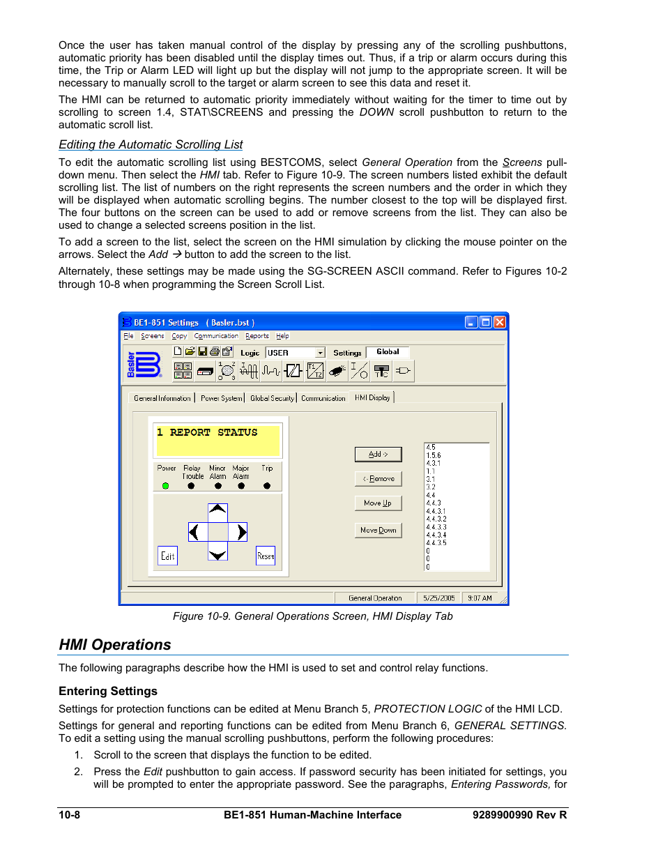 Editing the automatic scrolling list, Hmi operations, Entering settings | Hmi operations -8, Entering settings -8 | Basler Electric BE1-851 User Manual | Page 238 / 364