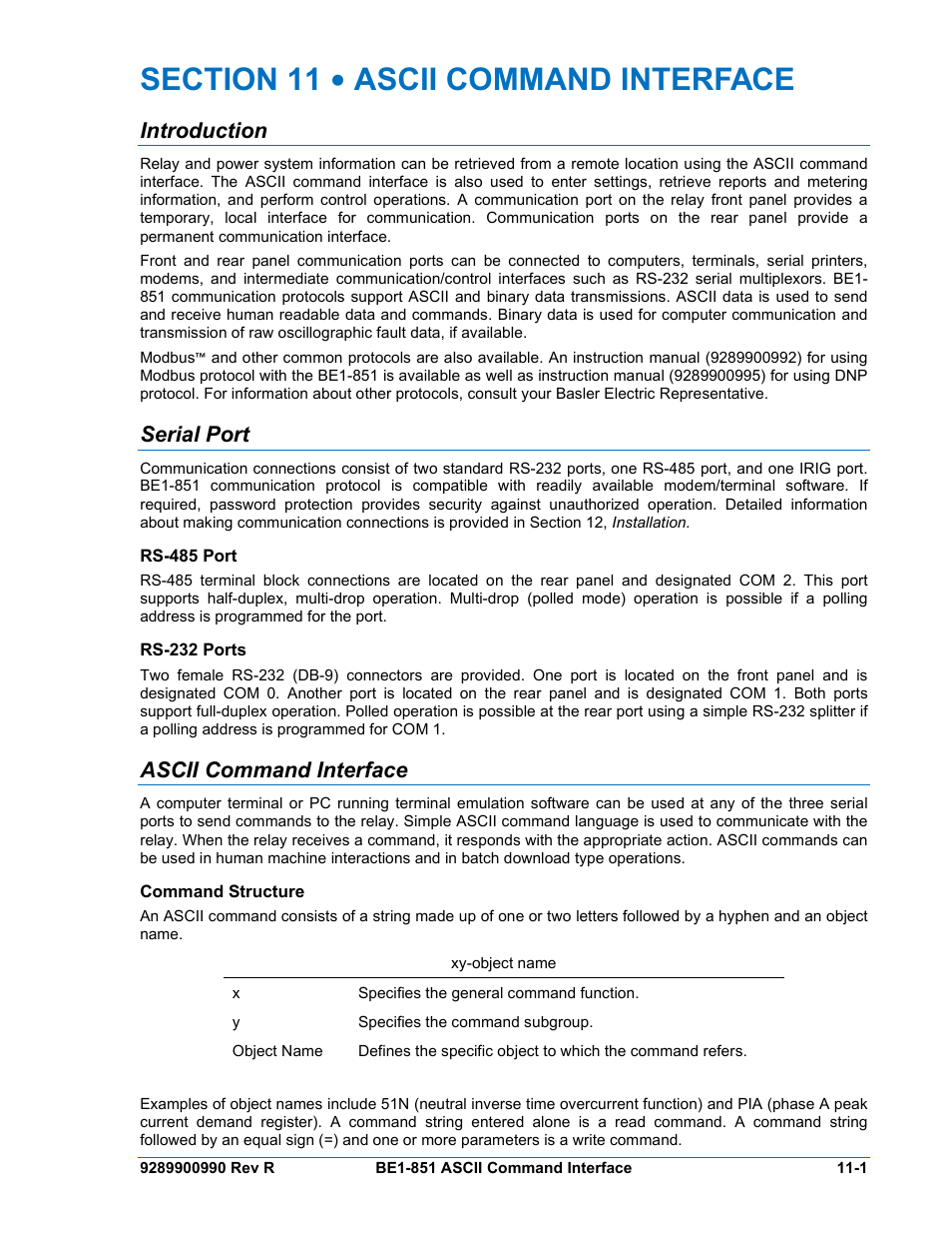 Introduction, Serial port, Rs-485 port | Rs-232 ports, Ascii command interface, Command structure, Section 11 • ascii command interface -1, Introduction -1, Serial port -1, Rs-485 port -1 | Basler Electric BE1-851 User Manual | Page 243 / 364