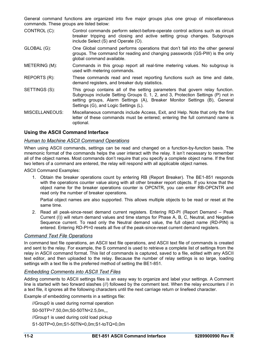 Using the ascii command interface, Human to machine ascii command operations, Command text file operations | Embedding comments into ascii text files, Using the ascii command interface -2, Human to machine ascii command operations -2, Command text file operations -2, Embedding comments into ascii text files -2 | Basler Electric BE1-851 User Manual | Page 244 / 364