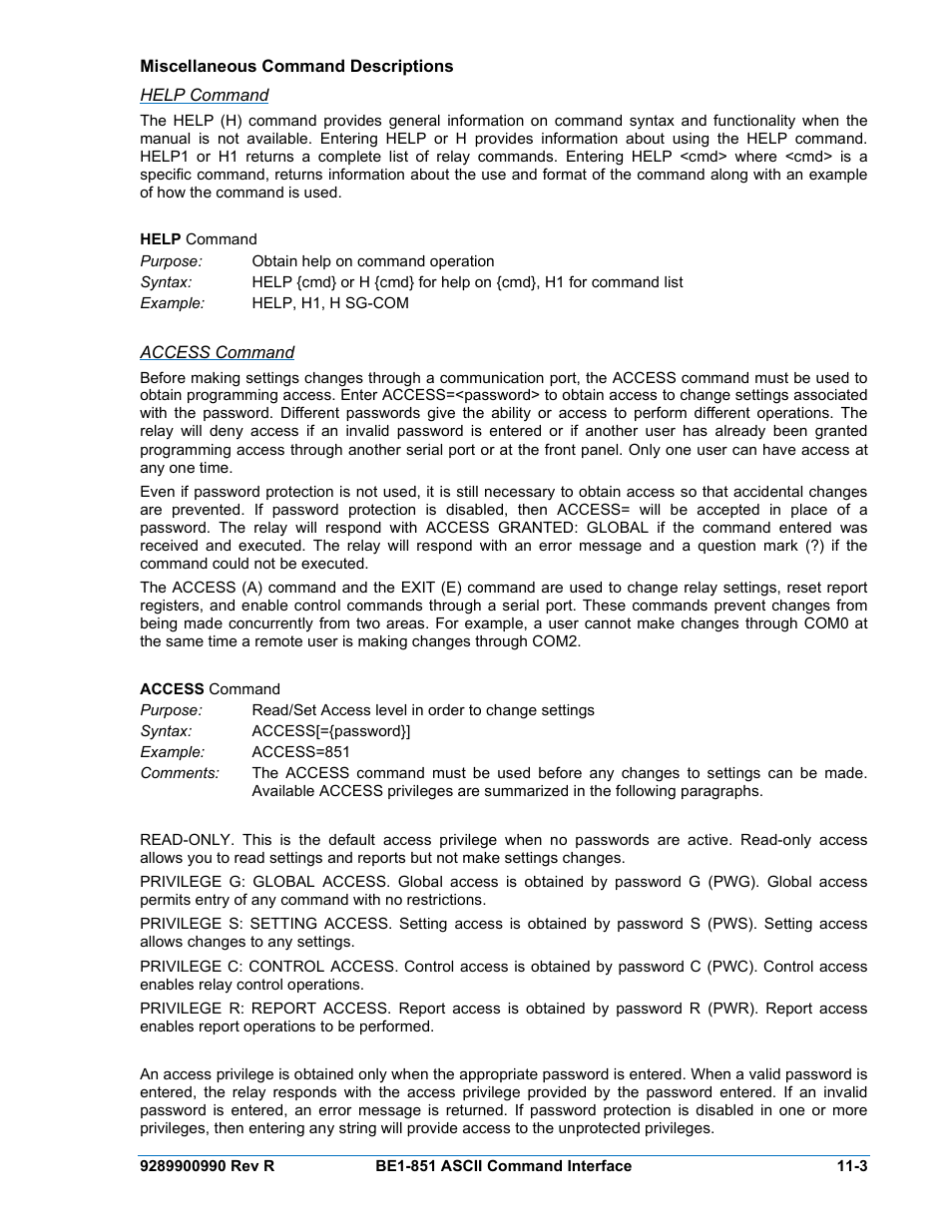 Miscellaneous command descriptions, Help command, Access command | Miscellaneous command descriptions -3, Help command -3, Access command -3 | Basler Electric BE1-851 User Manual | Page 245 / 364