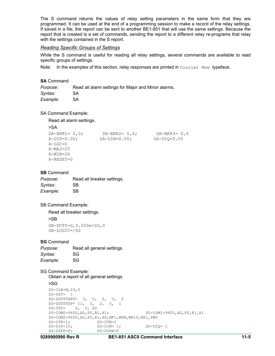 Reading specific groups of settings, Reading specific groups of settings -5 | Basler Electric BE1-851 User Manual | Page 247 / 364