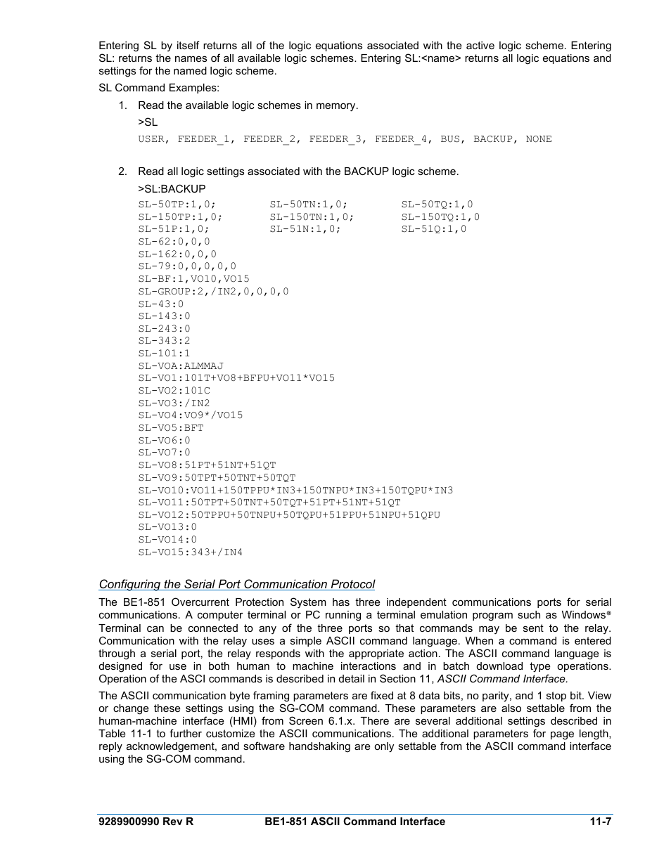 Configuring the serial port communication protocol | Basler Electric BE1-851 User Manual | Page 249 / 364