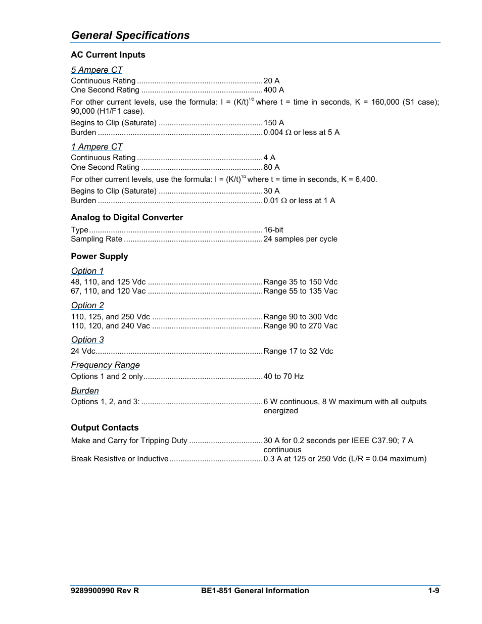 General specifications, Ac current inputs, 5 ampere ct | 1 ampere ct, Analog to digital converter, Power supply, Option 1, Option 2, Option 3, Frequency range | Basler Electric BE1-851 User Manual | Page 25 / 364