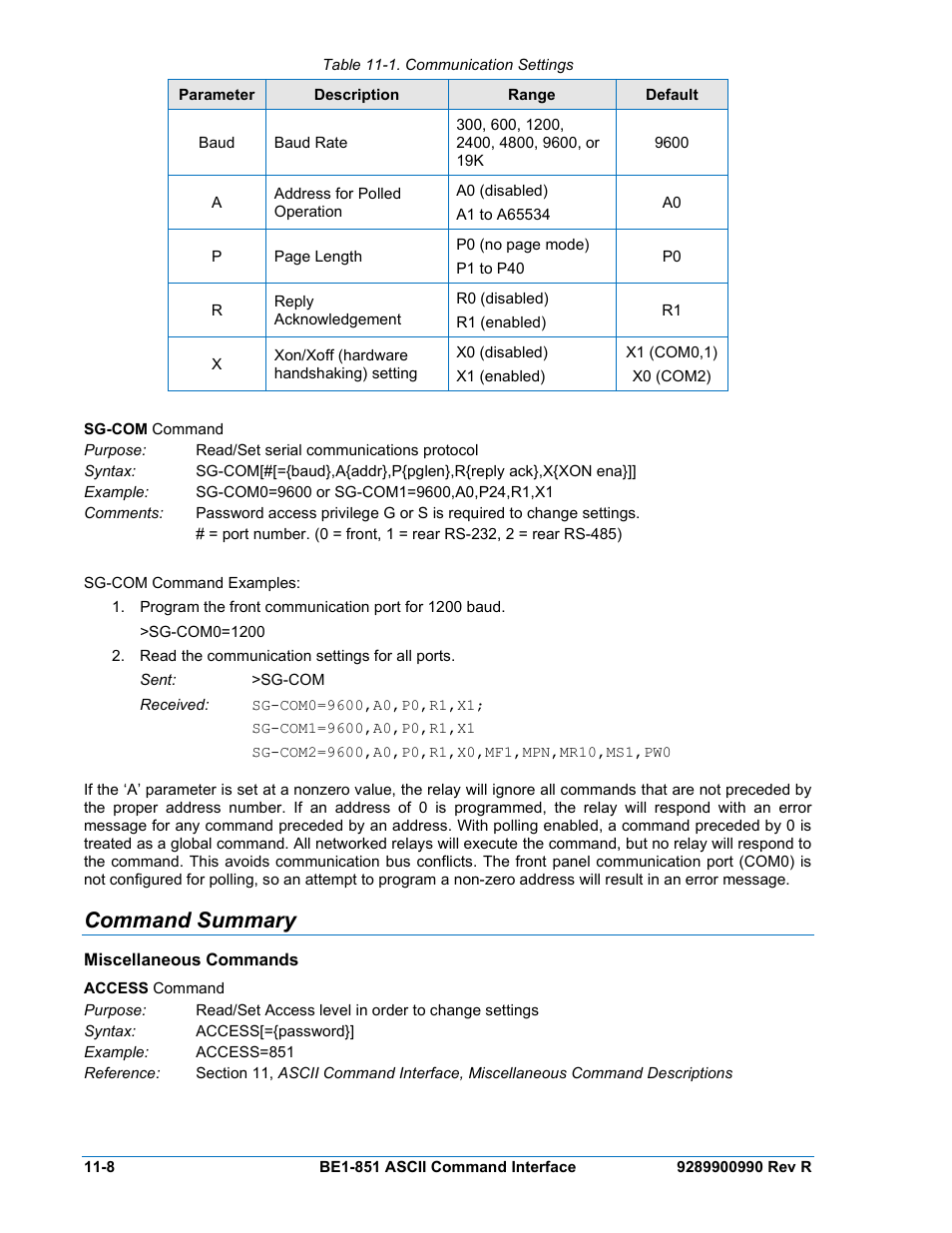 Command summary, Miscellaneous commands, Command summary -8 | Miscellaneous commands -8, Table 11-1. communication settings -8 | Basler Electric BE1-851 User Manual | Page 250 / 364