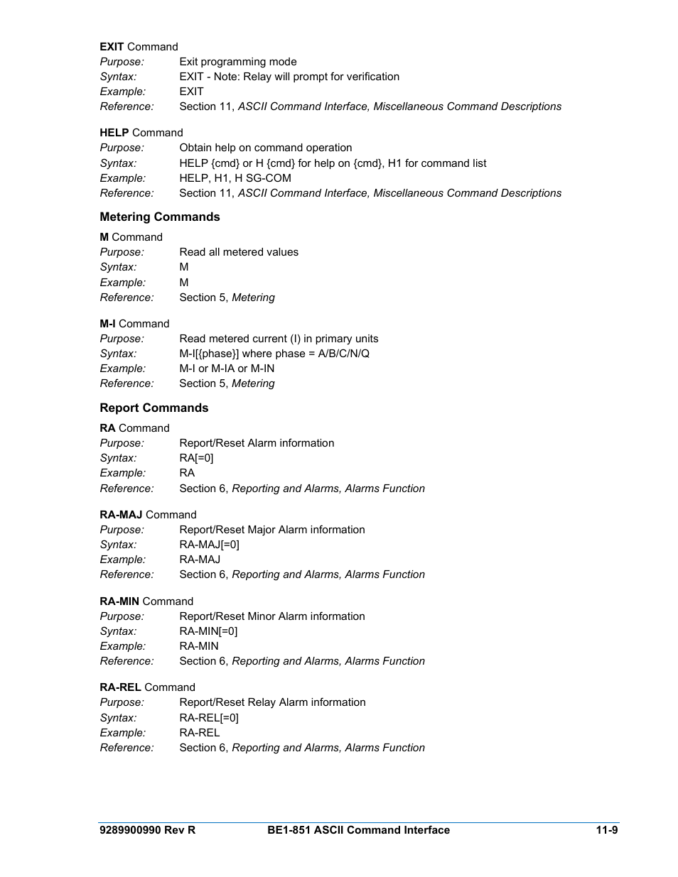 Metering commands, Report commands, Metering commands -9 | Report commands -9 | Basler Electric BE1-851 User Manual | Page 251 / 364