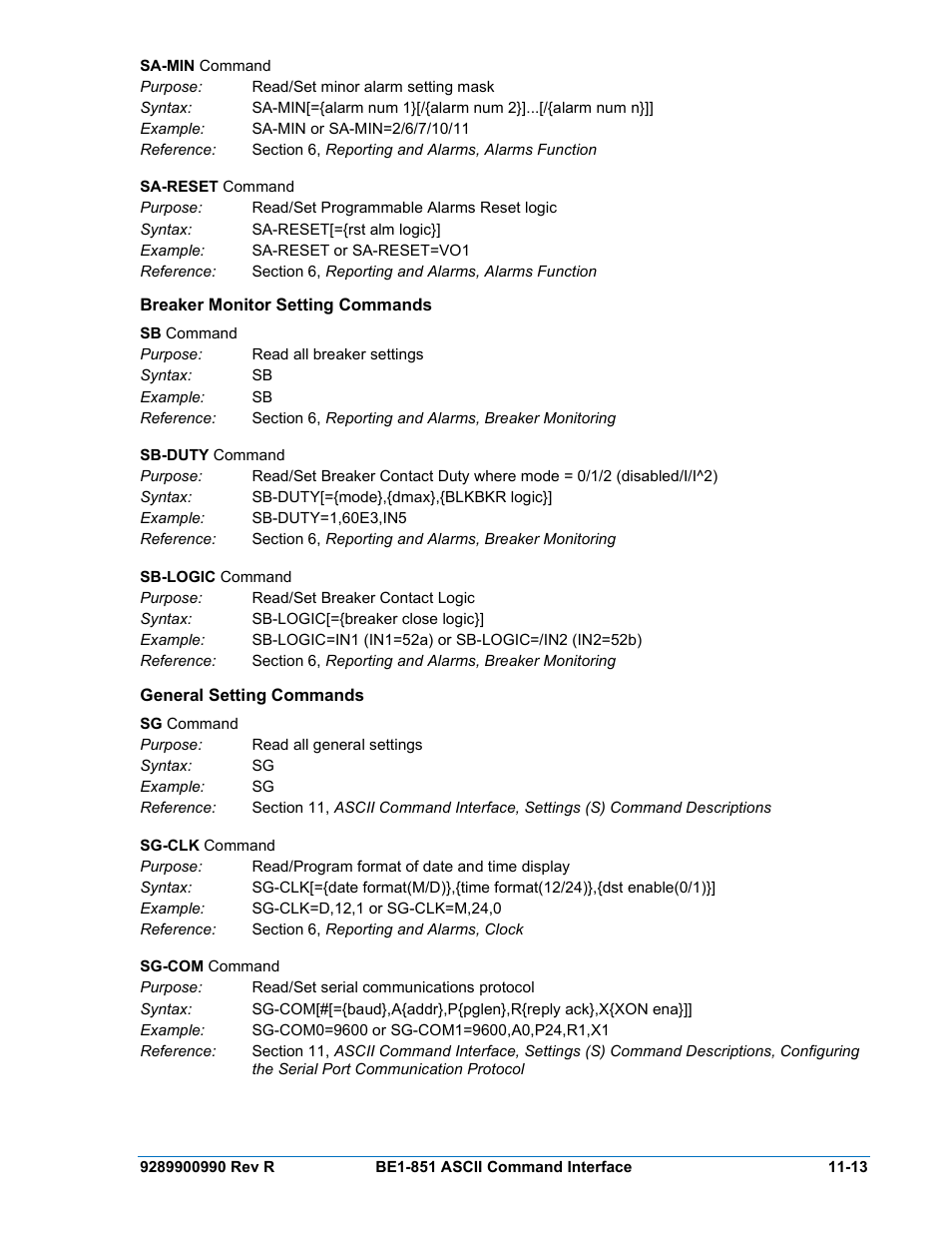 Breaker monitor setting commands, General setting commands, Breaker monitor setting commands -13 | General setting commands -13 | Basler Electric BE1-851 User Manual | Page 255 / 364