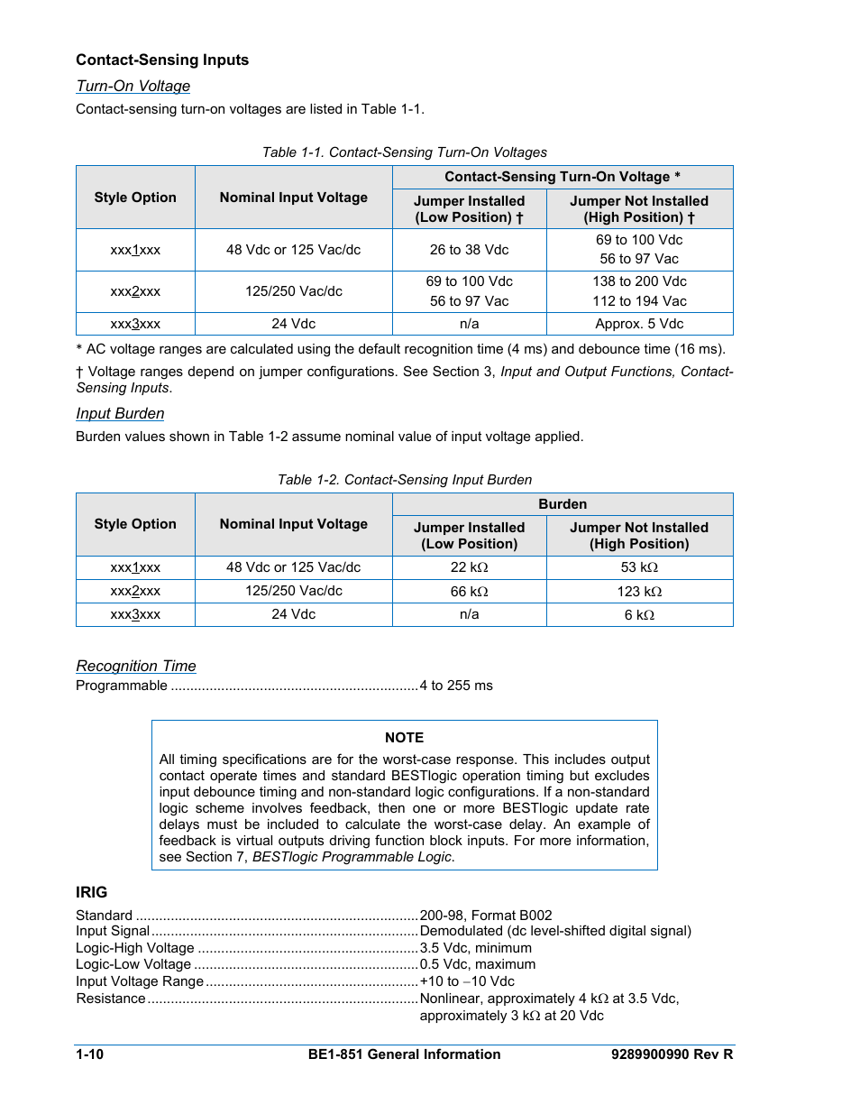 Contact-sensing inputs, Turn-on voltage, Input burden | Recognition time, Irig, Contact-sensing inputs -10, Contact inputs recognition time -10, Irig -10, Table 1-1. contact-sensing turn-on voltages -10, Table 1-2. contact-sensing input burden -10 | Basler Electric BE1-851 User Manual | Page 26 / 364