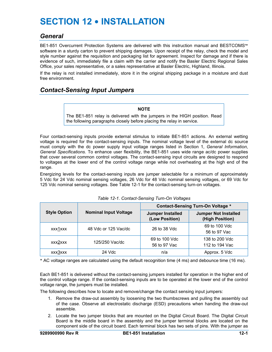 General, Contact-sensing input jumpers, Section 12 • installation -1 | General -1, Contact-sensing input jumpers -1, Table 12-1. contact-sensing turn-on voltages -1 | Basler Electric BE1-851 User Manual | Page 263 / 364