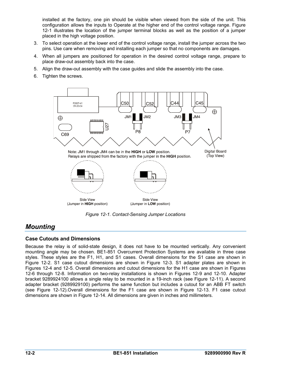 Mounting, Case cutouts and dimensions, Mounting -2 | Case cutouts and dimensions -2, Figure 12-1. contact-sensing jumper locations -2 | Basler Electric BE1-851 User Manual | Page 264 / 364