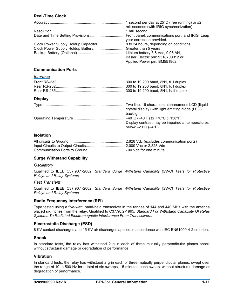 Real-time clock, Communication ports, Interface | Display, Isolation, Surge withstand capability, Oscillatory, Fast transient, Radio frequency interference (rfi), Electrostatic discharge (esd) | Basler Electric BE1-851 User Manual | Page 27 / 364