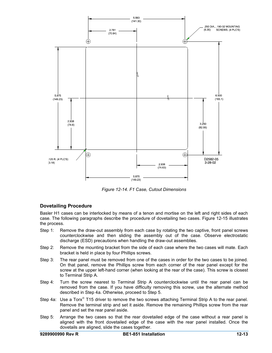 Dovetailing procedure, Dovetailing procedure -13, Figure 12-14. f1 case, cutout dimensions -13 | N figure 12-14 | Basler Electric BE1-851 User Manual | Page 275 / 364