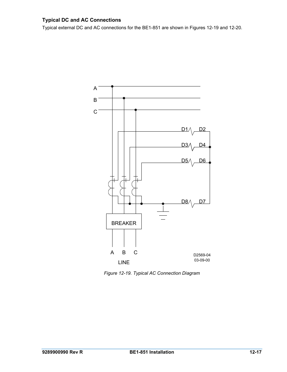 Typical dc and ac connections, Typical dc and ac connections -17, Figure 12-19. typical ac connection diagram -17 | Basler Electric BE1-851 User Manual | Page 279 / 364