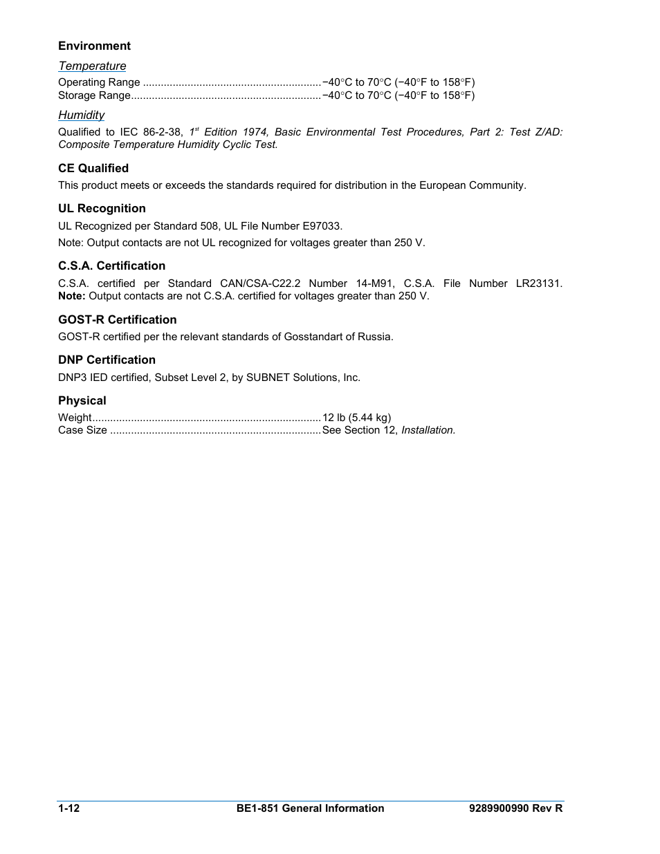 Environment, Temperature, Humidity | Ce qualified, Ul recognition, C.s.a. certification, Gost-r certification, Dnp certification, Physical, Environment -12 | Basler Electric BE1-851 User Manual | Page 28 / 364