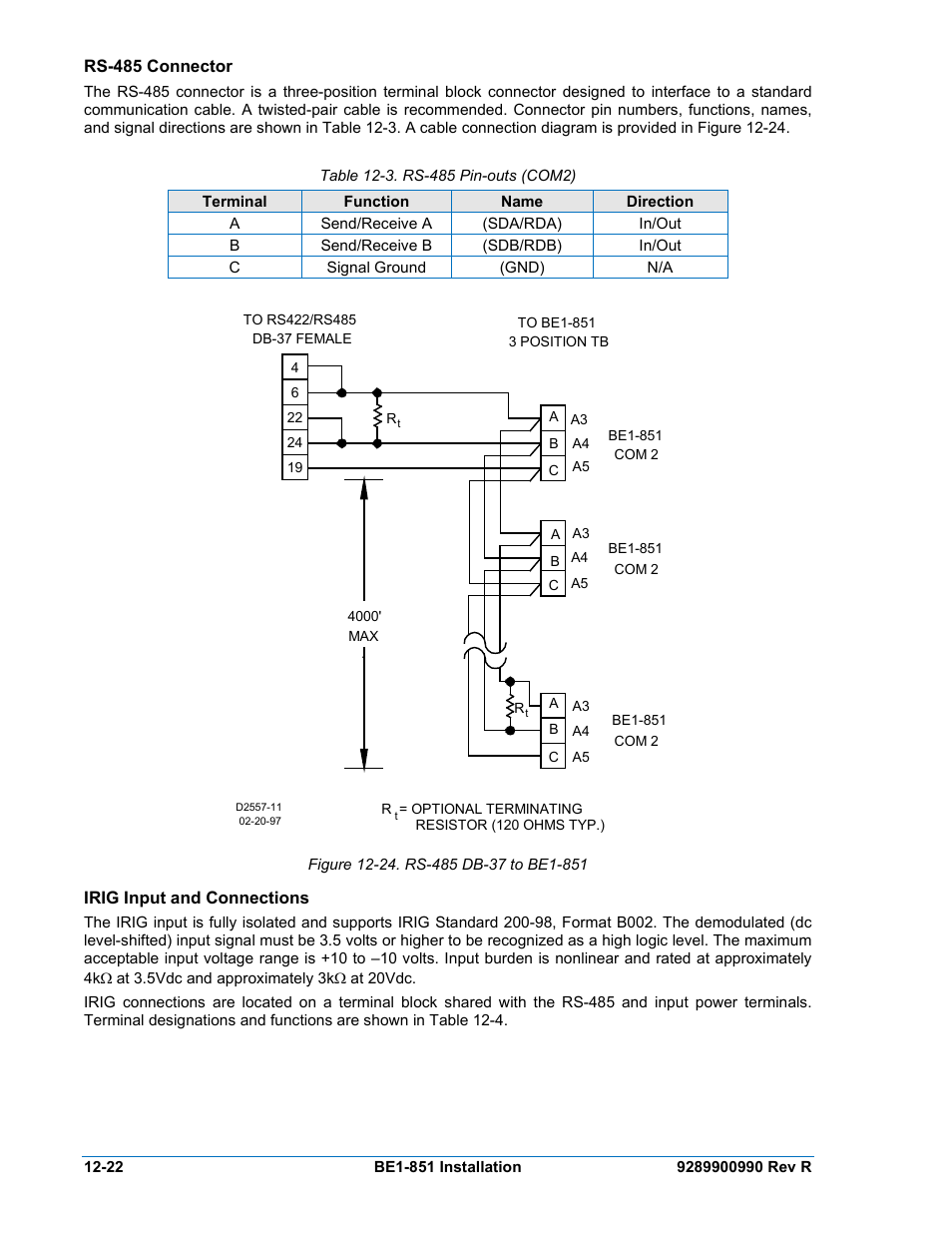 Rs-485 connector, Irig input and connections, Rs-485 connector -22 | Irig input and connections -22, Figure 12-24. rs-485 db-37 to be1-851 -22, Table 12-3. rs-485 pin-outs (com2) -22 | Basler Electric BE1-851 User Manual | Page 284 / 364