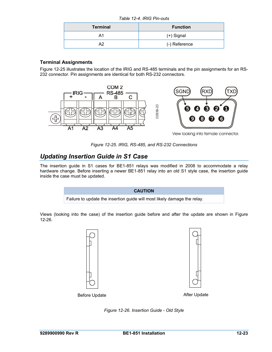 Terminal assignments, Updating insertion guide in s1 case, Terminal assignments -23 | Updating insertion guide in s1 case -23, Figure 12-26. insertion guide - old style -23, Table 12-4. irig pin-outs -23 | Basler Electric BE1-851 User Manual | Page 285 / 364