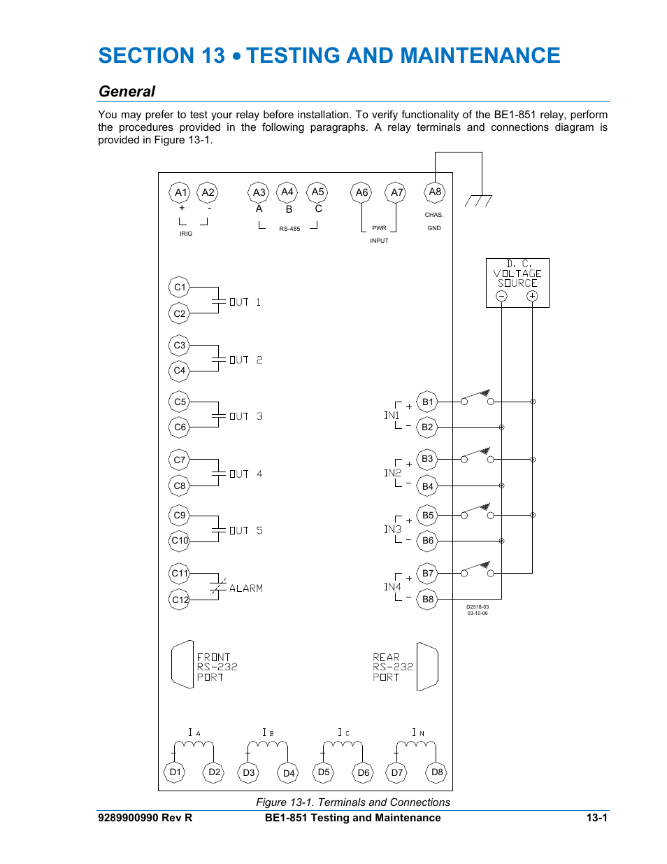 General, Section 13 • testing and maintenance -1, General -1 | Figure 13-1. terminals and connections -1 | Basler Electric BE1-851 User Manual | Page 289 / 364