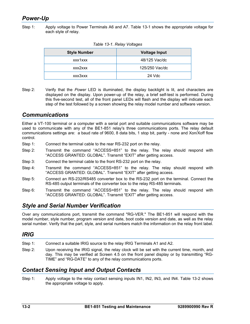 Power-up, Communications, Style and serial number verification | Irig, Contact sensing input and output contacts, Power-up -2, Communications -2, Style and serial number verification -2, Irig -2, Contact sensing input and output contacts -2 | Basler Electric BE1-851 User Manual | Page 290 / 364