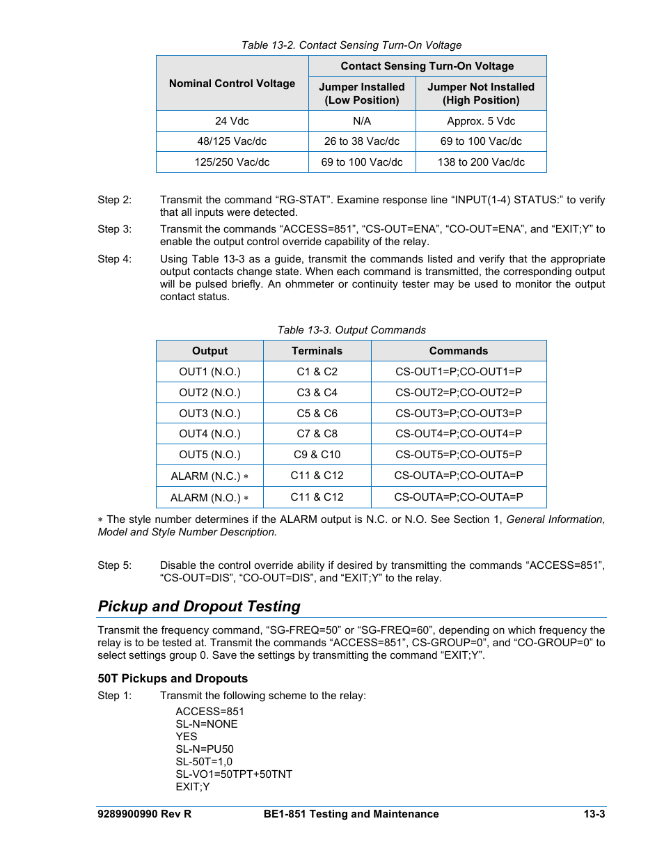 Pickup and dropout testing, 50t pickups and dropouts, Pickup and dropout testing -3 | 50t pickups and dropouts -3, Table 13-2. contact sensing turn-on voltage -3, Table 13-3. output commands -3 | Basler Electric BE1-851 User Manual | Page 291 / 364