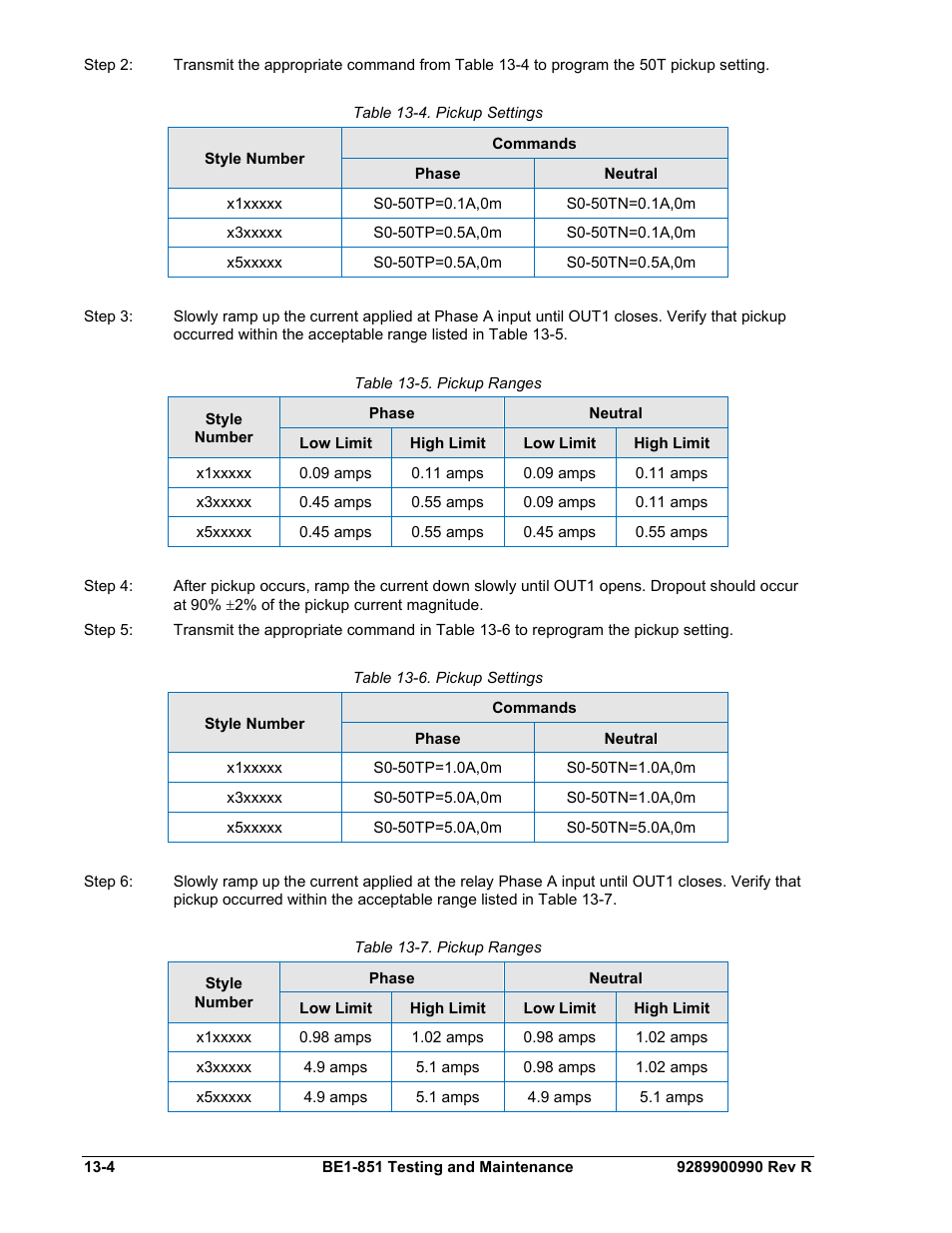 Table 13-4. pickup settings -4, Table 13-5. pickup ranges -4, Table 13-6. pickup settings -4 | Table 13-7. pickup ranges -4 | Basler Electric BE1-851 User Manual | Page 292 / 364