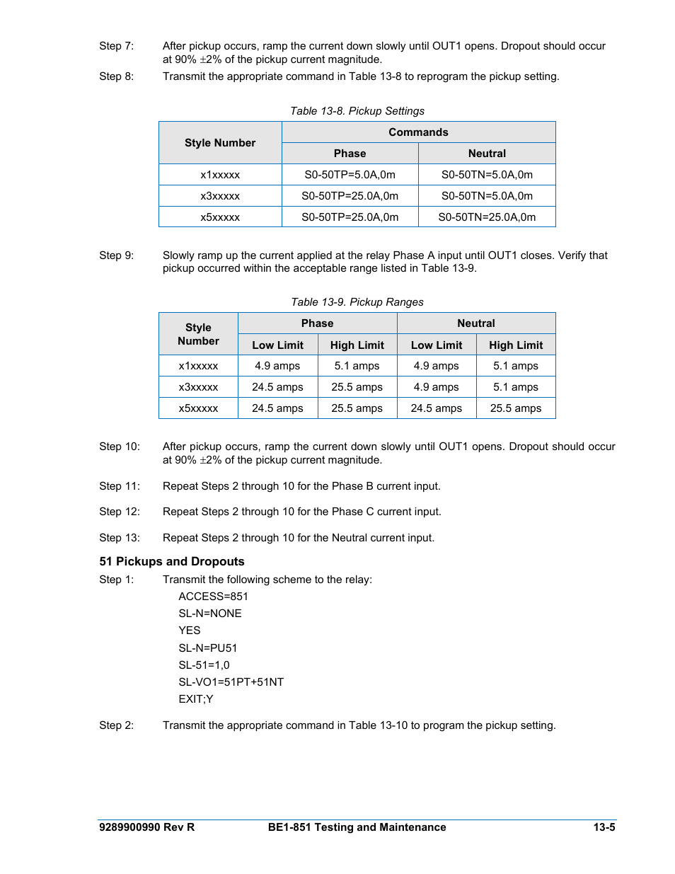 51 pickups and dropouts, 51 pickups and dropouts -5, Table 13-8. pickup settings -5 | Table 13-9. pickup ranges -5 | Basler Electric BE1-851 User Manual | Page 293 / 364