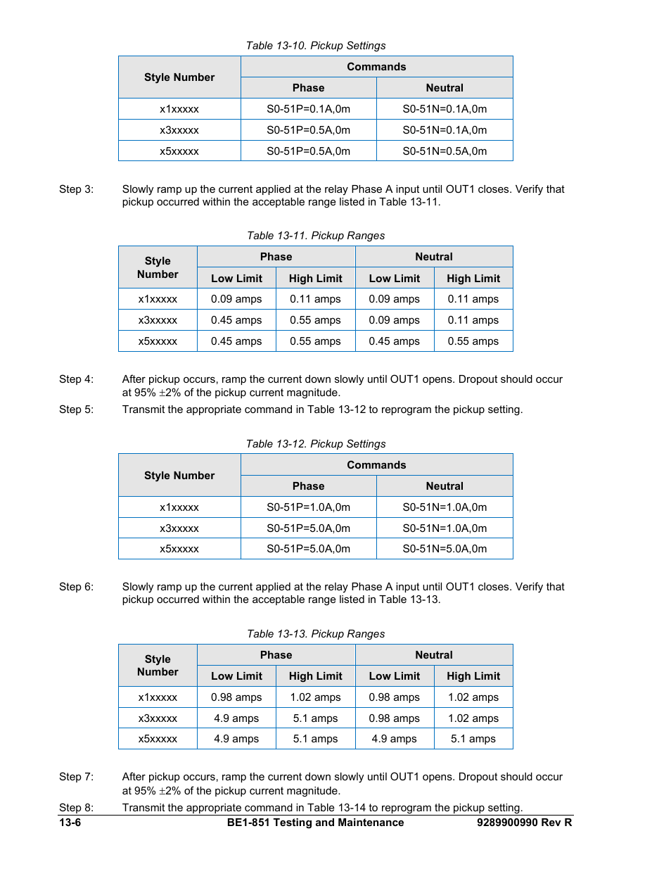 Table 13-10. pickup settings -6, Table 13-11. pickup ranges -6, Table 13-12. pickup settings -6 | Table 13-13. pickup ranges -6 | Basler Electric BE1-851 User Manual | Page 294 / 364