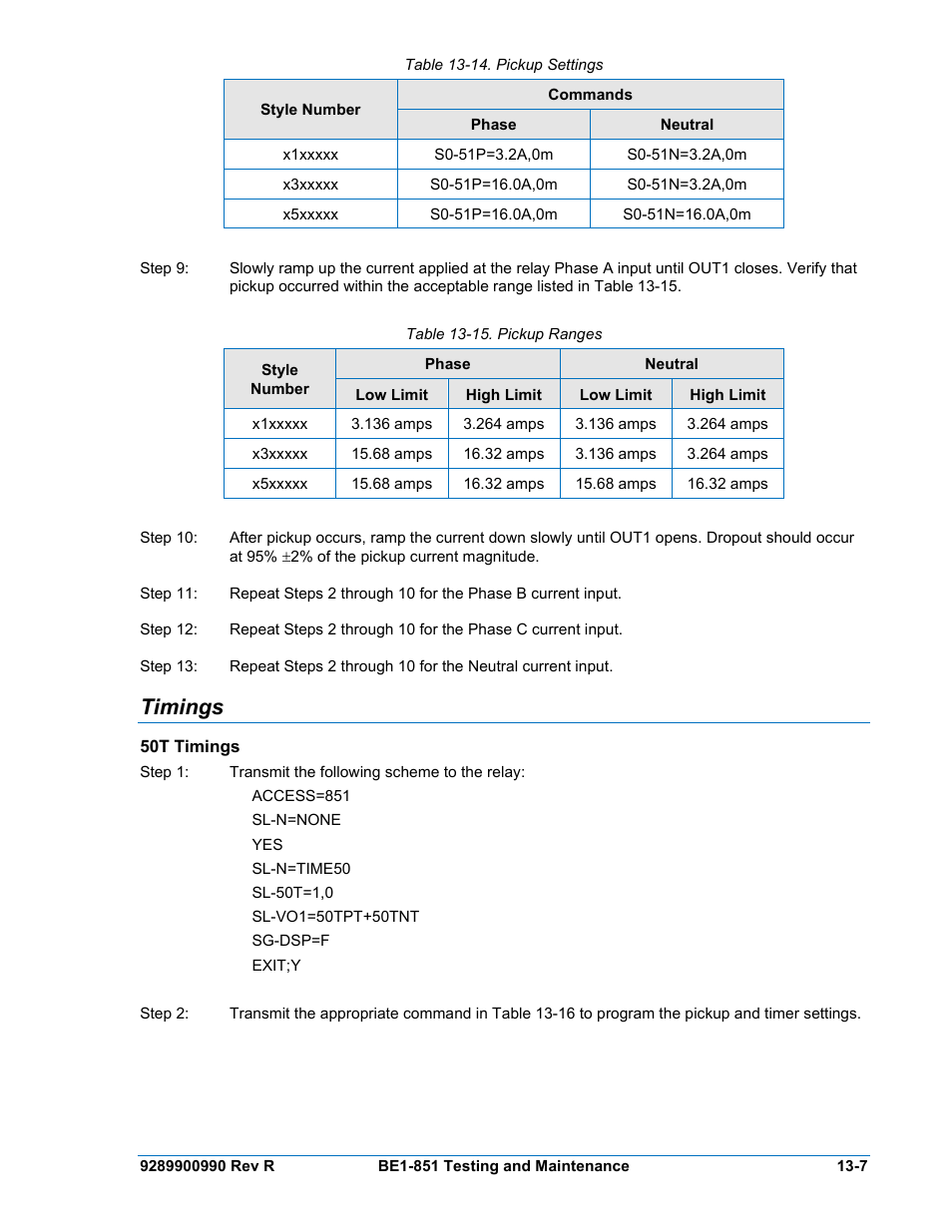 Timings, 50t timings, Timings -7 | 50t timings -7, Table 13-14. pickup settings -7, Table 13-15. pickup ranges -7, N table 13-14 | Basler Electric BE1-851 User Manual | Page 295 / 364